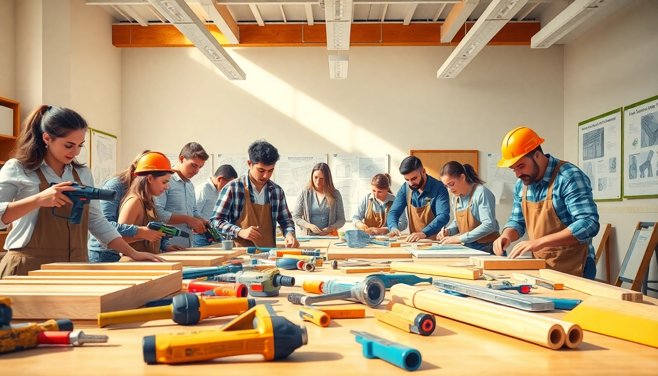 Students engaged in construction craft training, hands-on learning with tools in a workshop.