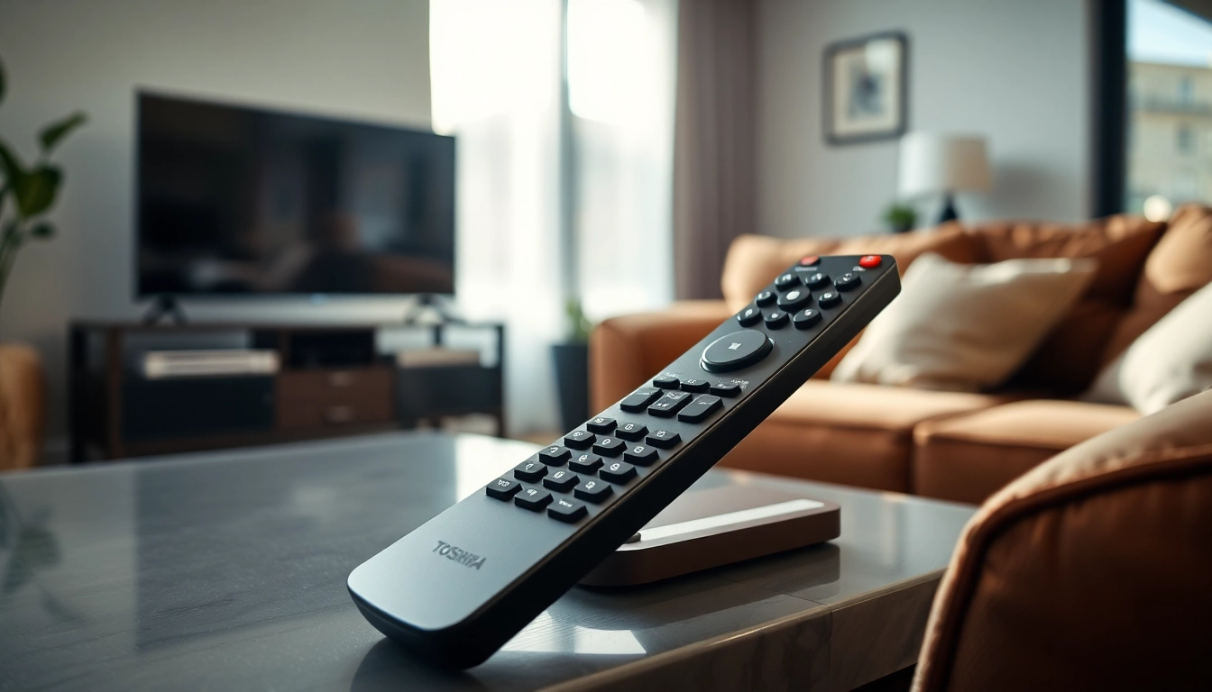 Toshiba Fernbedienung auf einem modernen Couchtisch mit elegantem TV-Hintergrund.