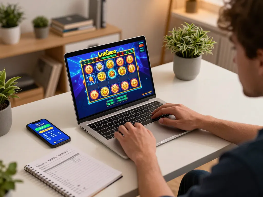 Engaged player enjoying Link Gaco slot games on laptop in a cozy home setup.