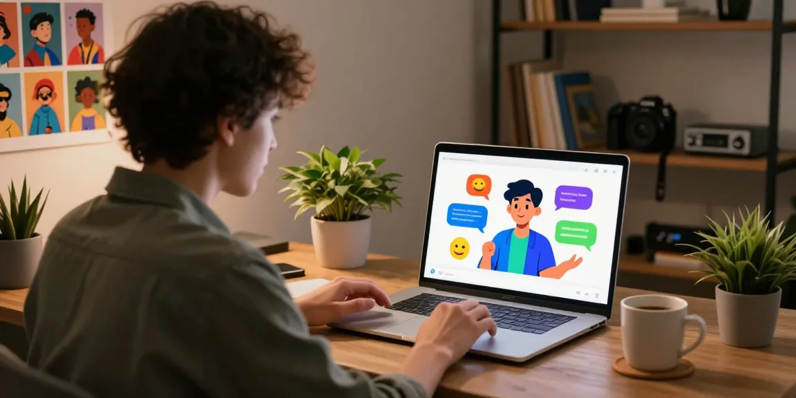 User engaging with CrushonAI in cozy home office, digital character chat.