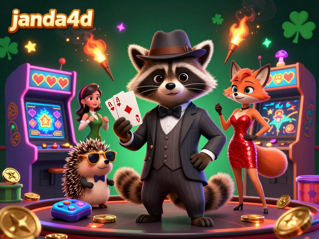 Experience excitement with janda4d as a suave raccoon reveals a royal flush in an animated casino scene.