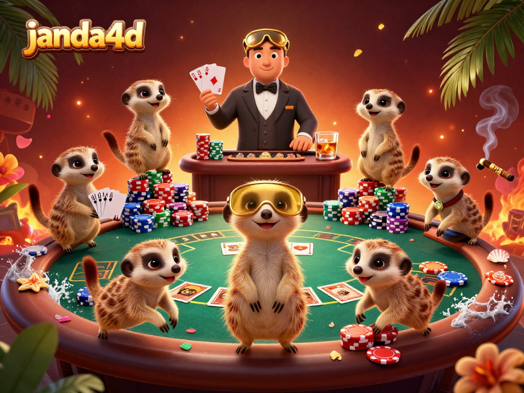 Experience excitement at janda4d with a playful meerkat casino scene, filled with vibrant poker elements.
