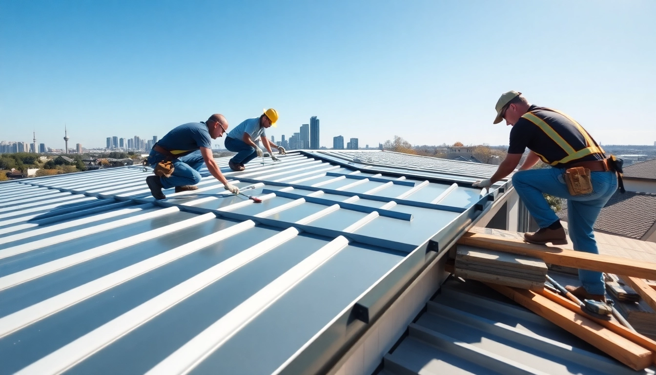 Metal roofing Toronto installation showcasing professionals at work on a modern home.