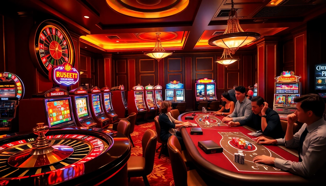 Scène excitante d'un casino luxueux mettant en avant le meilleur casino en ligne avec une roulette et des joueurs impatients.