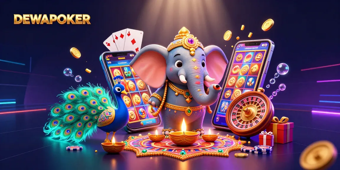 DewaPoker promotes winning strategies amid an immersive 3D casino scene filled with vibrant game elements.