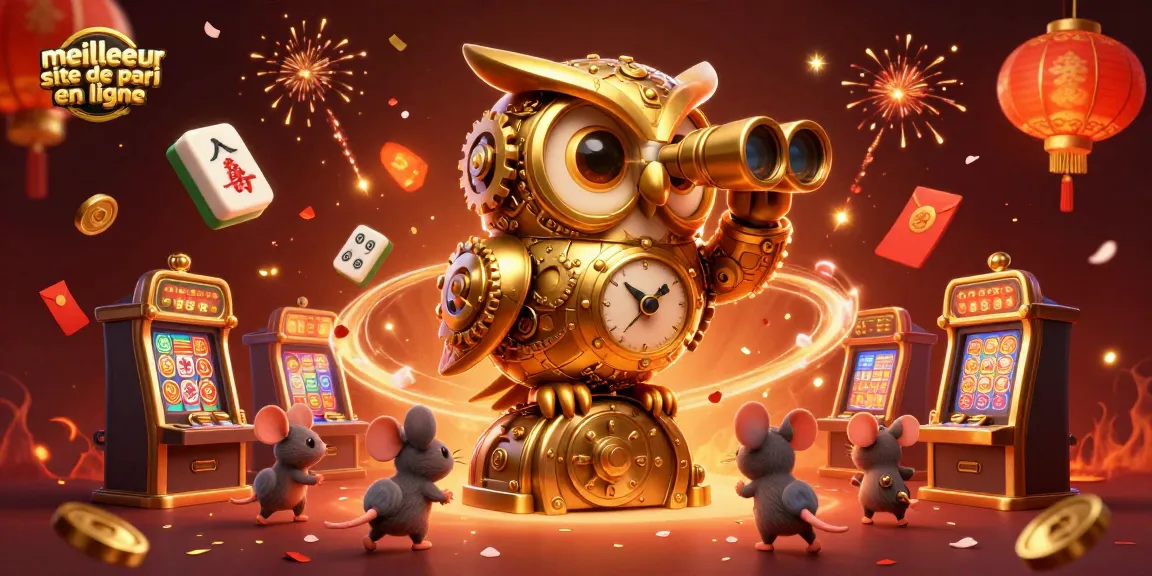 Explorez le meilleur site de pari en ligne avec une illustration captivante d'un hibou en or et des éléments festifs.