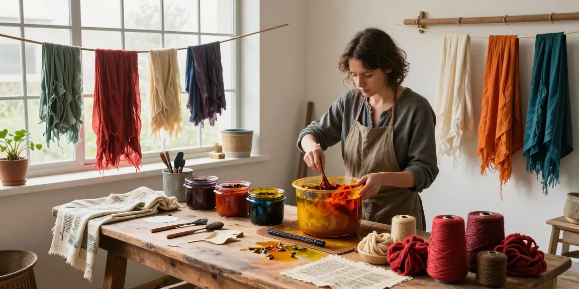 Artisan crafting with natural dyes from plants and food waste in a warm workshop