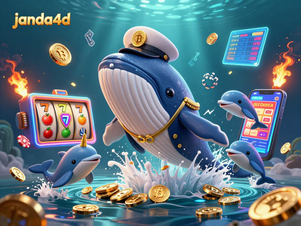 Janda4D menampilkan ikan paus raksasa dan lumba-lumba bermain dengan chip poker dalam lautan koin cerah.