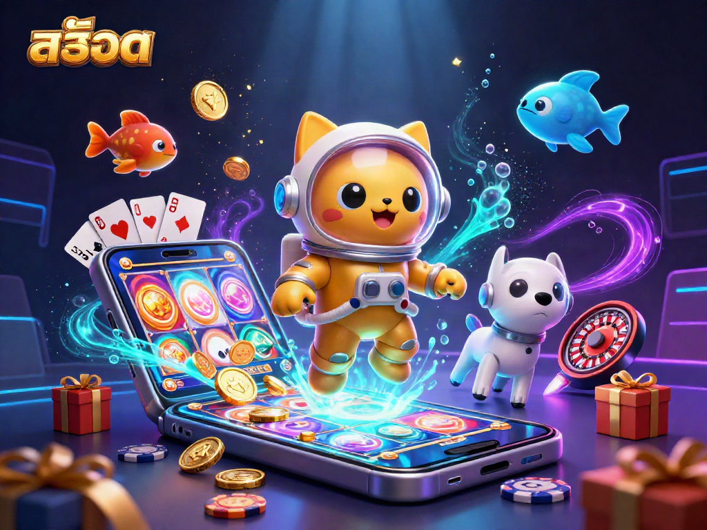 Enjoy thrilling สล็อต action with a 3D astronaut cat, robot dog, and vibrant casino elements.