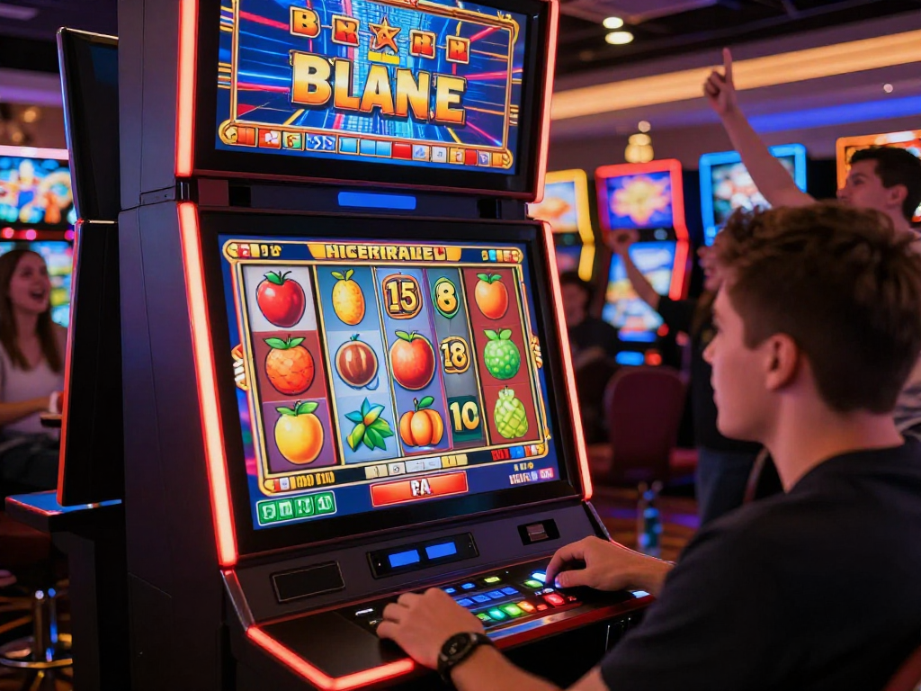 Slot 2026 dalam permainan kasino online, pemain sedang bersemangat memutar mesin slot berwarna-warni.