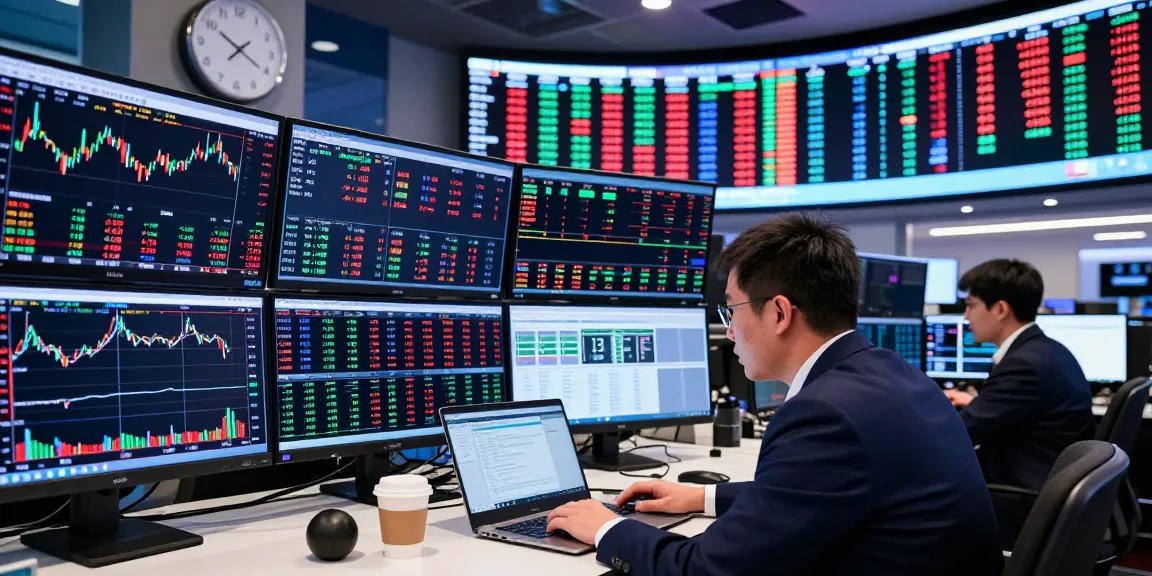 Trader analyzing NASDAQ live data on multiple screens in a modern trading room.