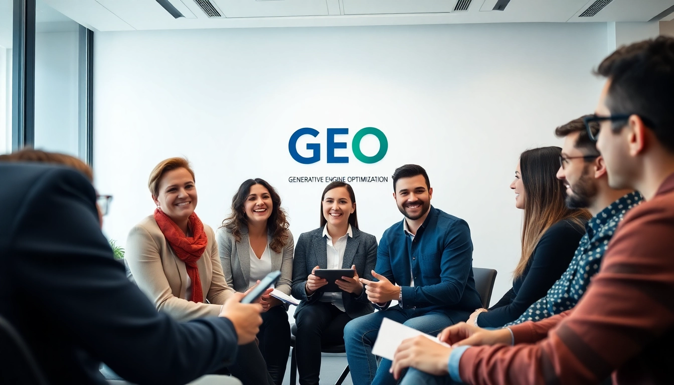 GEO Agentur experts collaborating on strategy in a bright office.