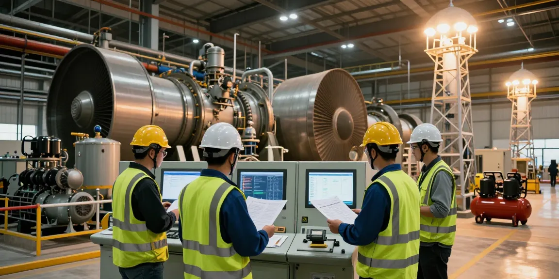 Engineers collaborating in Power Generation facility with turbines and advanced equipment