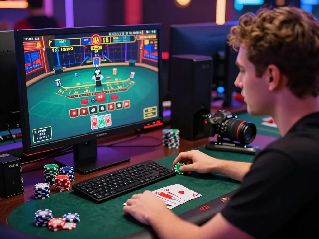 Engaged player at a computer in vibrant online baccarat gaming environment.