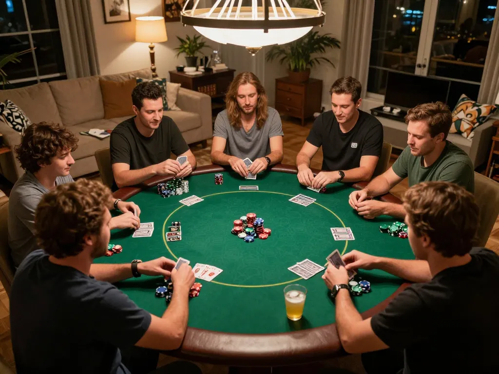 Players enjoying a thrilling game of poker at home with fb88-themed decorations, showcasing lively competition and camaraderie.