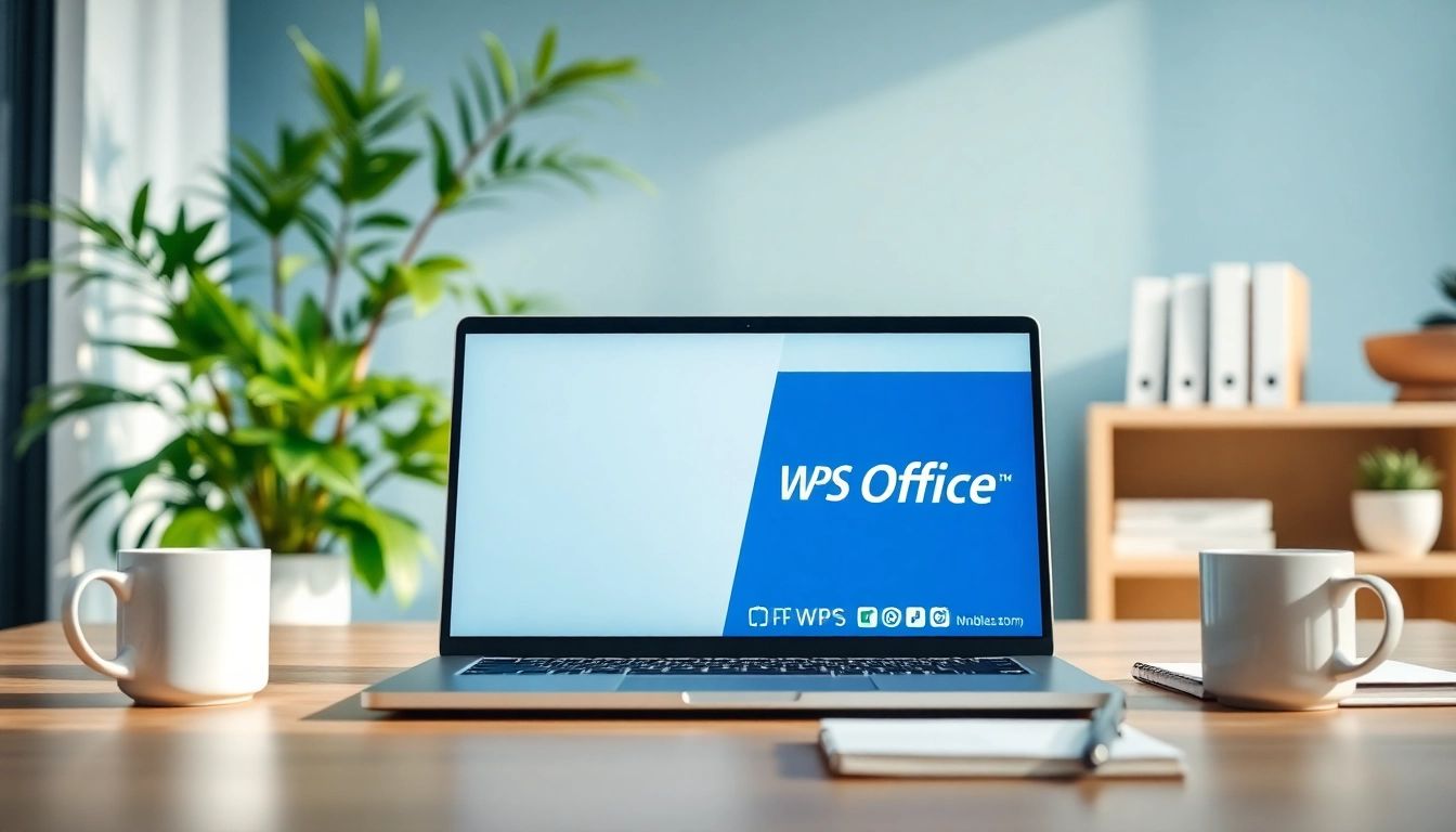 Modern office workspace showcasing WPS下载 on a laptop with a professional atmosphere.