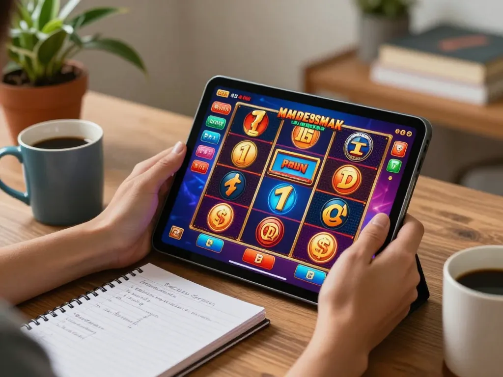 Engaging scene of online slot gaming with slot bonus new member 100 displayed on tablet screen, showcasing vibrant graphics and player excitement.