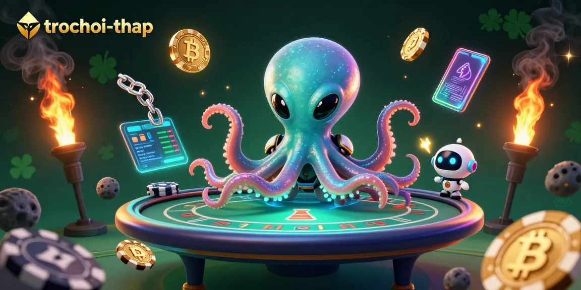 Join the trochoi-thap action with a vibrant alien octopus at a poker table, surrounded by cosmic gambling elements.