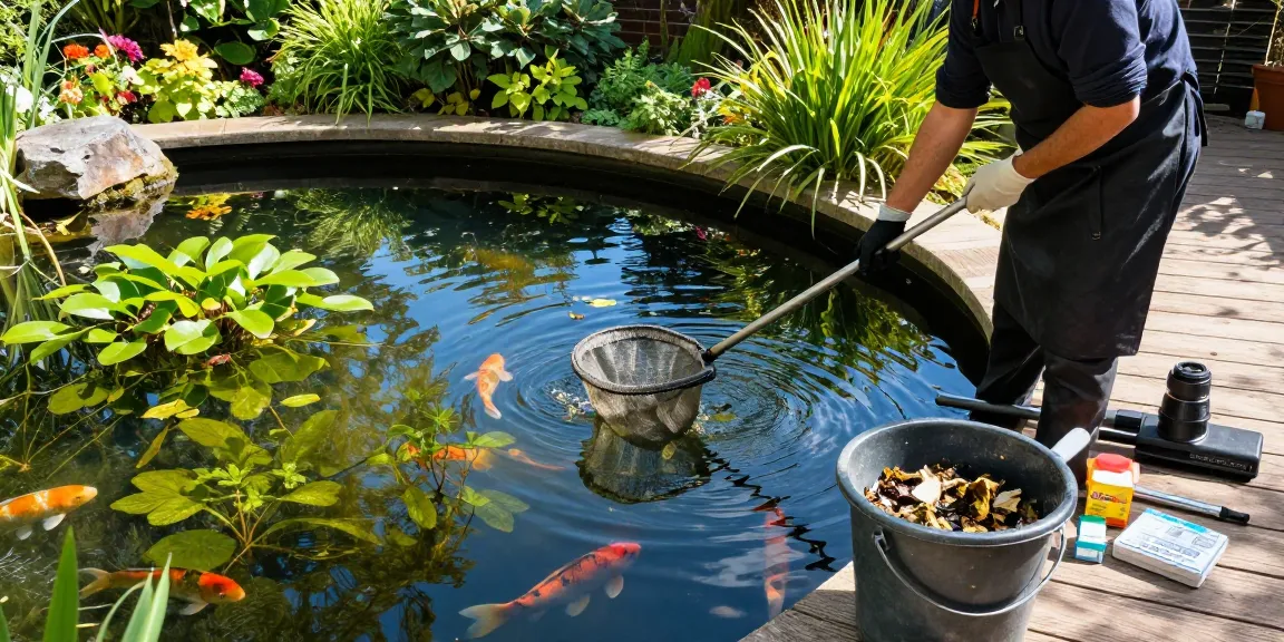 Pond Clean London service with specialist removing debris from a garden pond, ensuring clear water and healthy fish.
