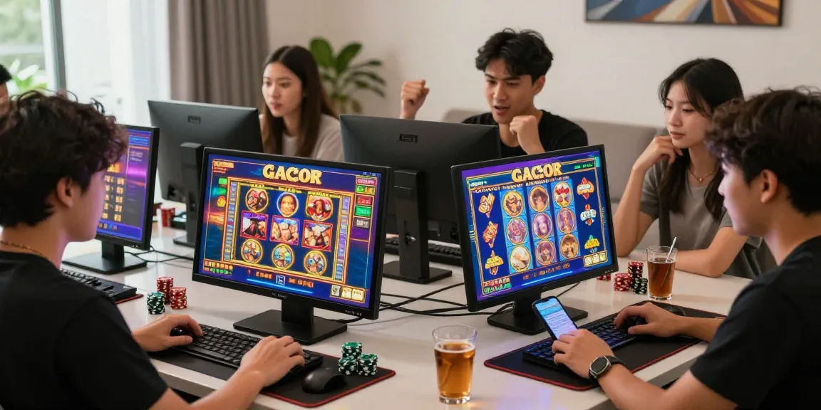 Players enjoying slot gacor games in an immersive online gaming environment with vibrant screens and lively atmosphere.
