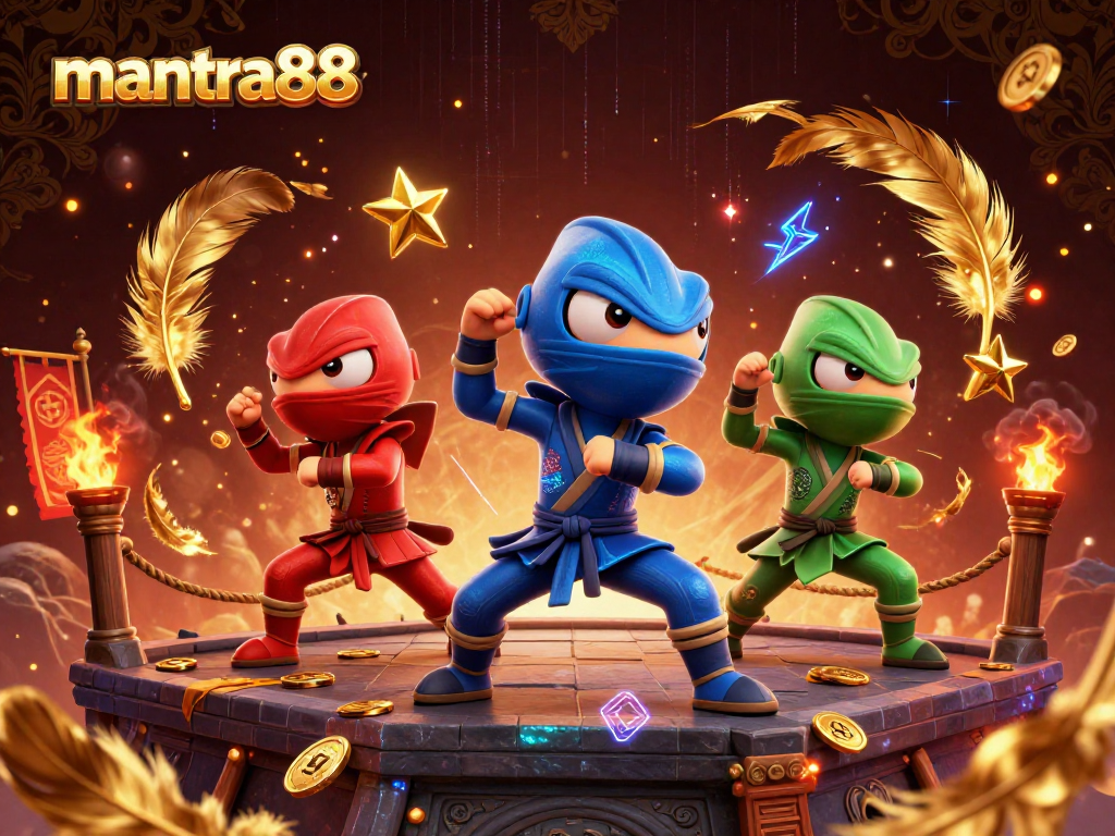 Action-packed scene of mantra88 chameleon ninjas throwing stars in a vibrant casino atmosphere