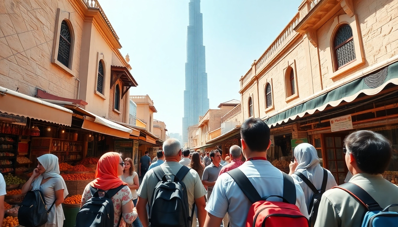 Participants on a half day dubai city tour admiring the Burj Khalifa in vibrant Dubai streets.