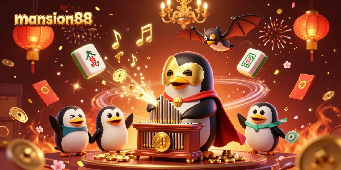 Experience the vibrant excitement of mansion88 with a playful penguin serenading players amid golden coins and festive decorations.