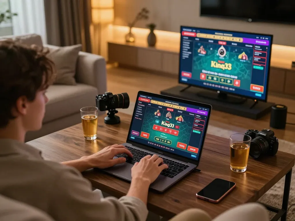 Engaging in king33 online gaming session from home, showcasing live dealer interface.