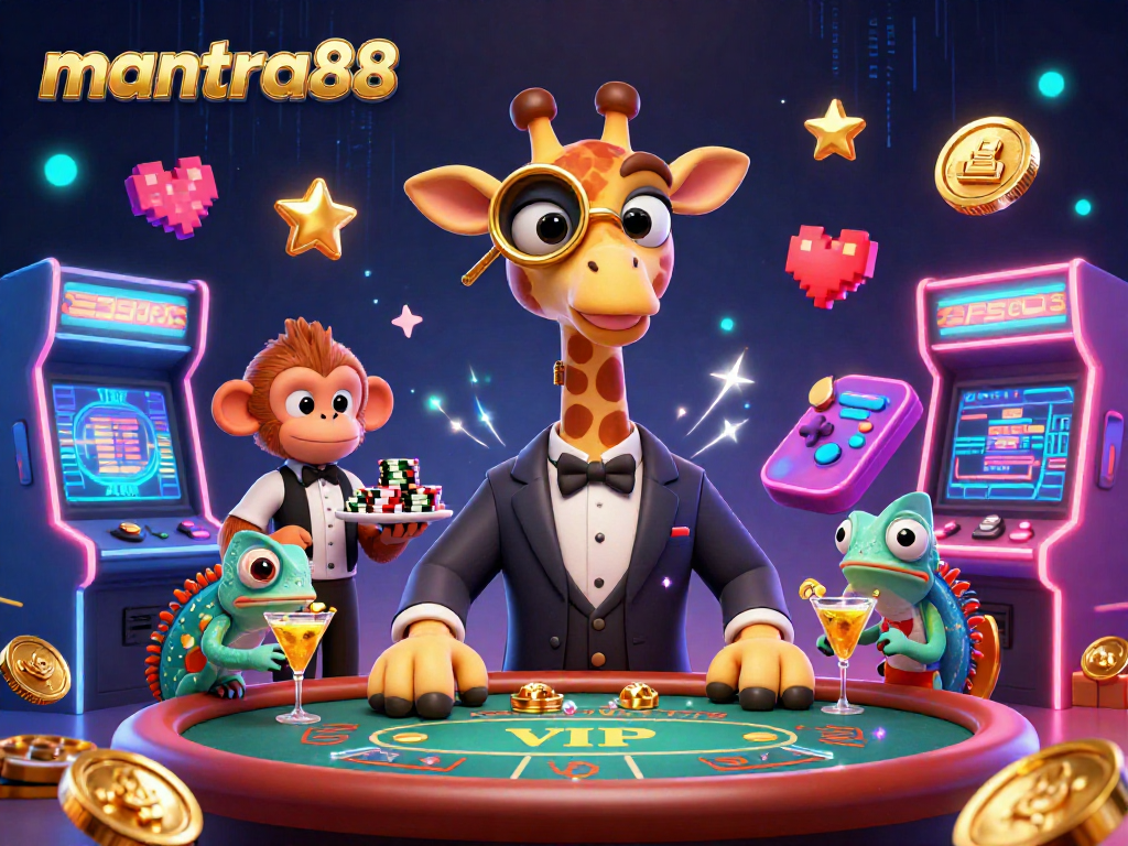 Experience mantra88 with a vibrant 3D scene featuring a giraffe and monkey at a VIP poker table.