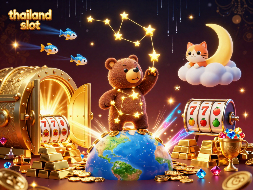 Experience thailand slot fun with a 3D constellation bear accumulating riches amidst vibrant casino elements.
