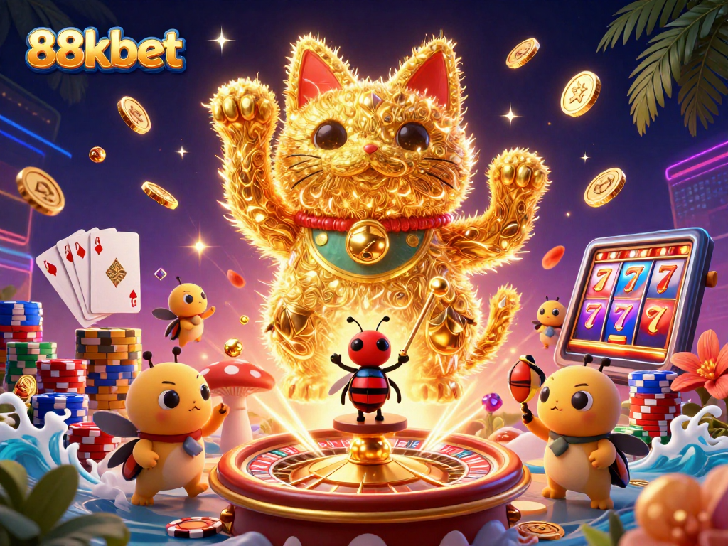 Engage with the exciting world of 88kbet featuring a vibrant lucky cat surrounded by casino symbols.