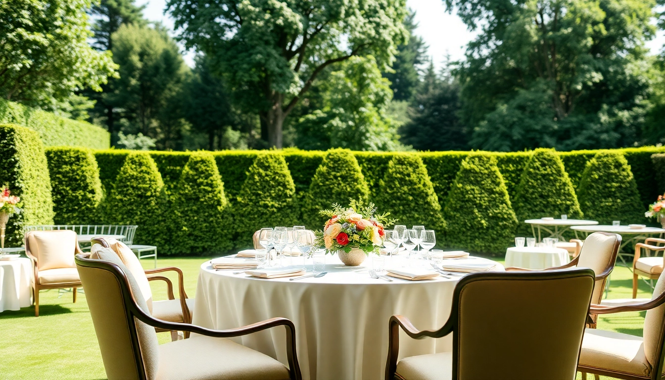Stowe Venue Hire's elegant outdoor space featuring decorated tables and lush greenery.