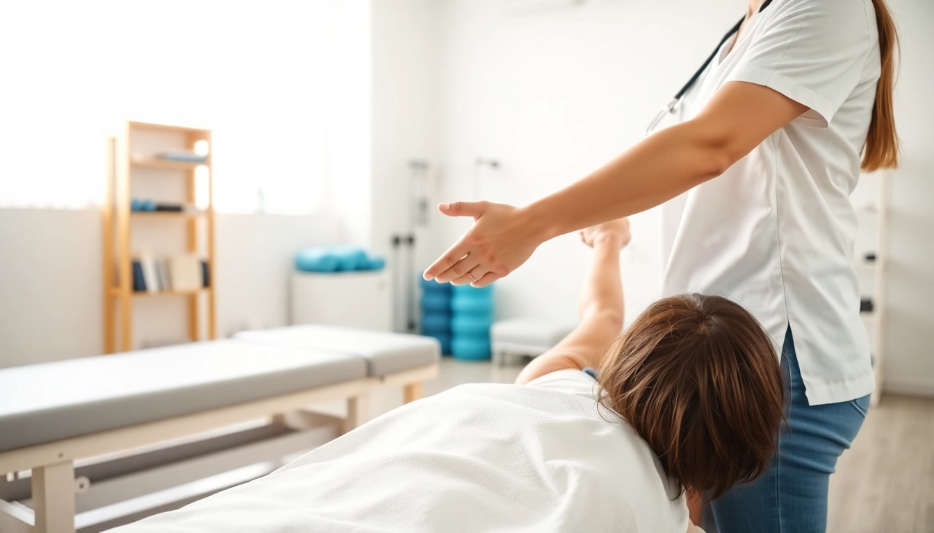 Patient receiving Physiotherapie treatment with attentive therapist in modern clinic.