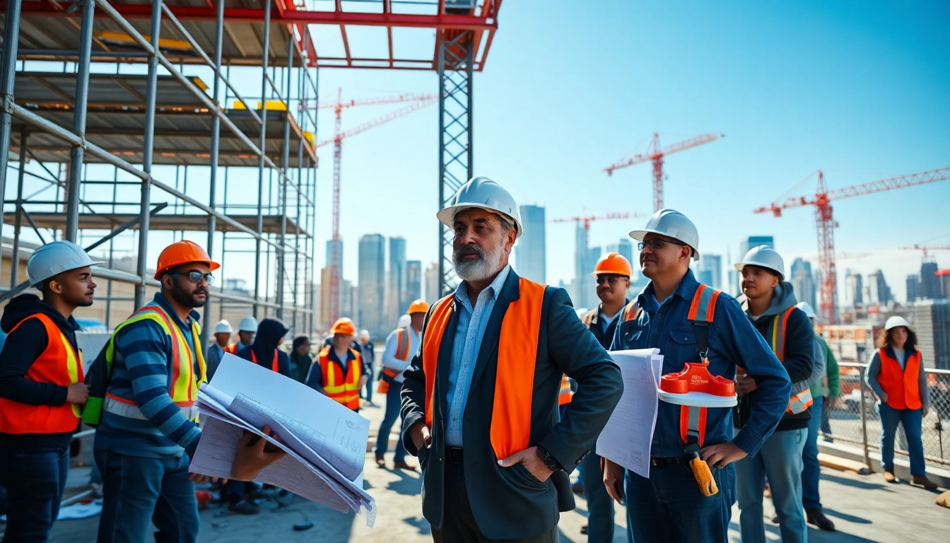 New York City General Contractor managing a diverse team at a bustling construction site.