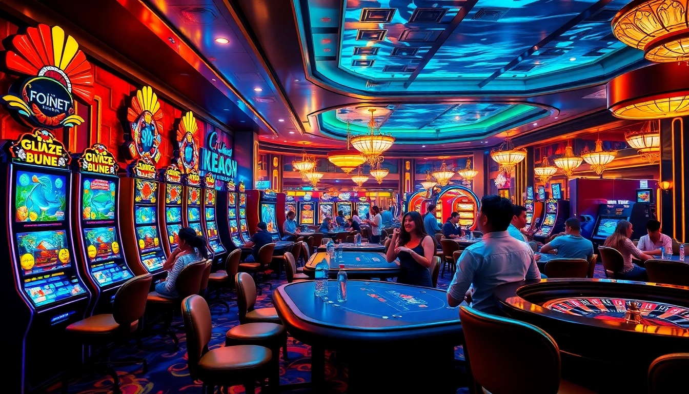 Bắn cá đổi thưởng players winning at vibrant underwater-themed casino slot machines.