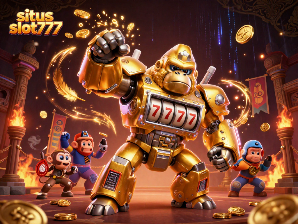 Experience the thrill of situs slot777 with an explosive 3D casino-themed illustration featuring a golden gorilla mech.