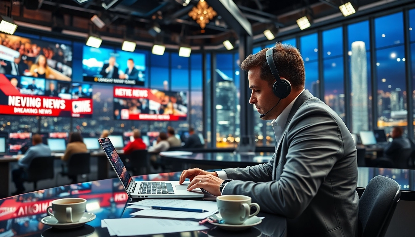 Reporting breaking news in a vibrant newsroom with active journalists.