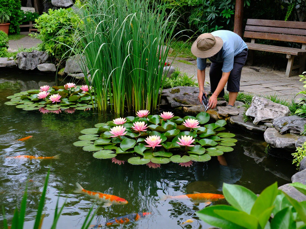 Water Lilies blooming in a serene pond while a gardener tends to them, surrounded by lush greenery.