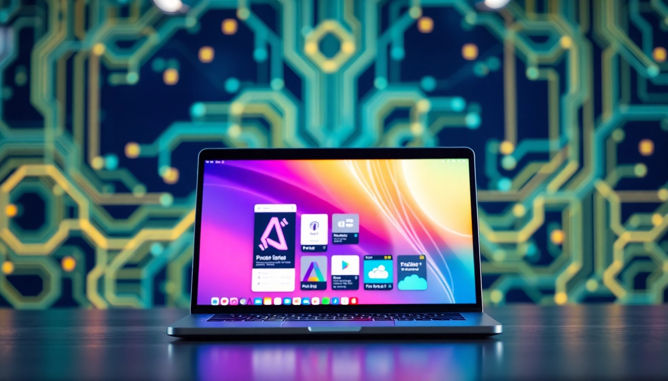 Showcasing web design evolution at https://www.ound-ound.com with vibrant app interfaces on a laptop.