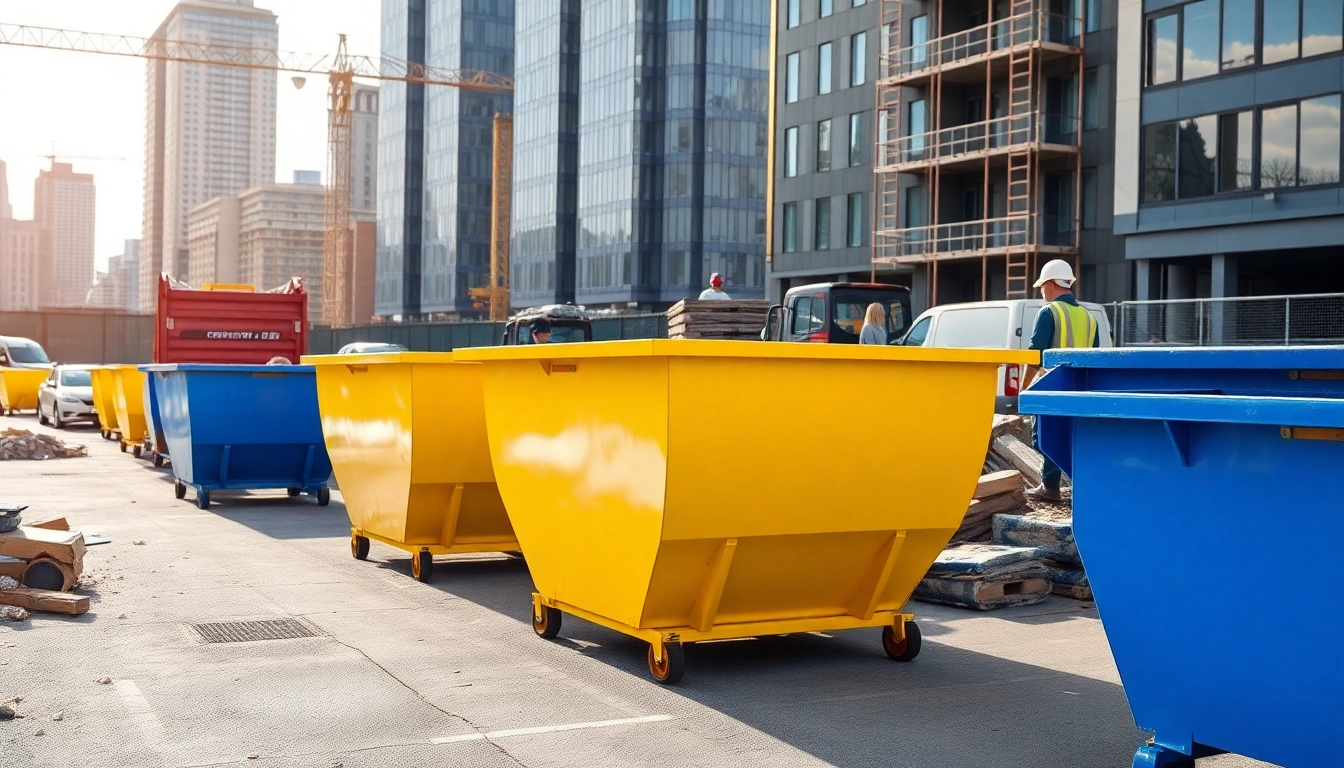 Skip hire services showcased at a construction site with organized, vibrant skips.