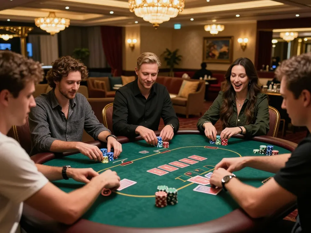 u888 players engaging in a high-stakes poker game, surrounded by an elegant casino atmosphere.