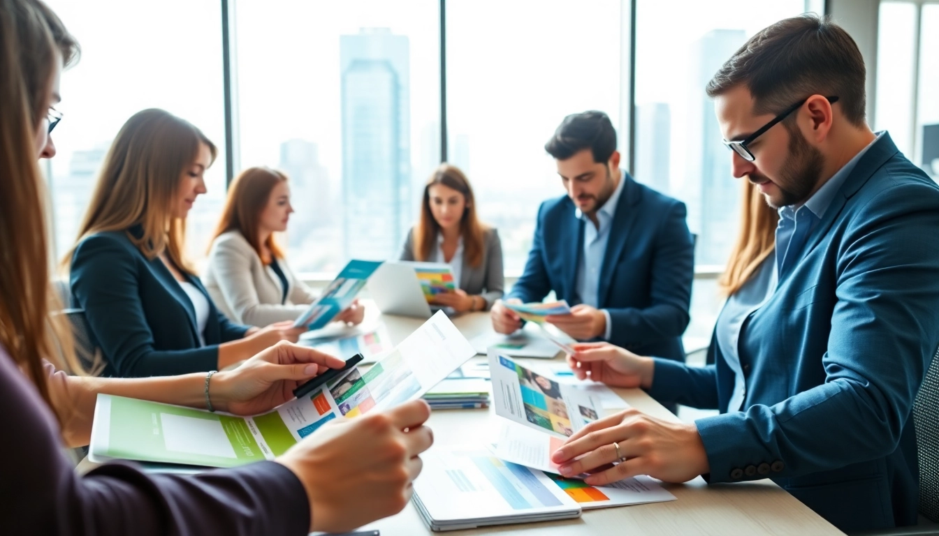 Engaged professionals at a direct mailing company collaborating on marketing materials.