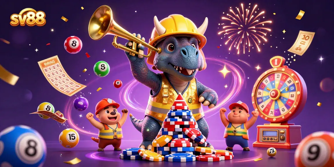 Engage in thrilling gameplay at sv88, with colorful scenes of lottery balls, poker chips, and festive celebrations.