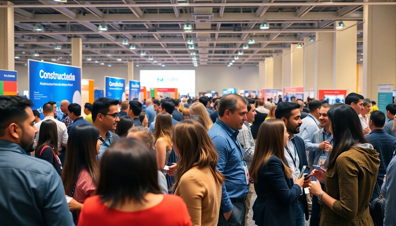 Engaged professionals at construction networking events sharing ideas in a vibrant atmosphere.