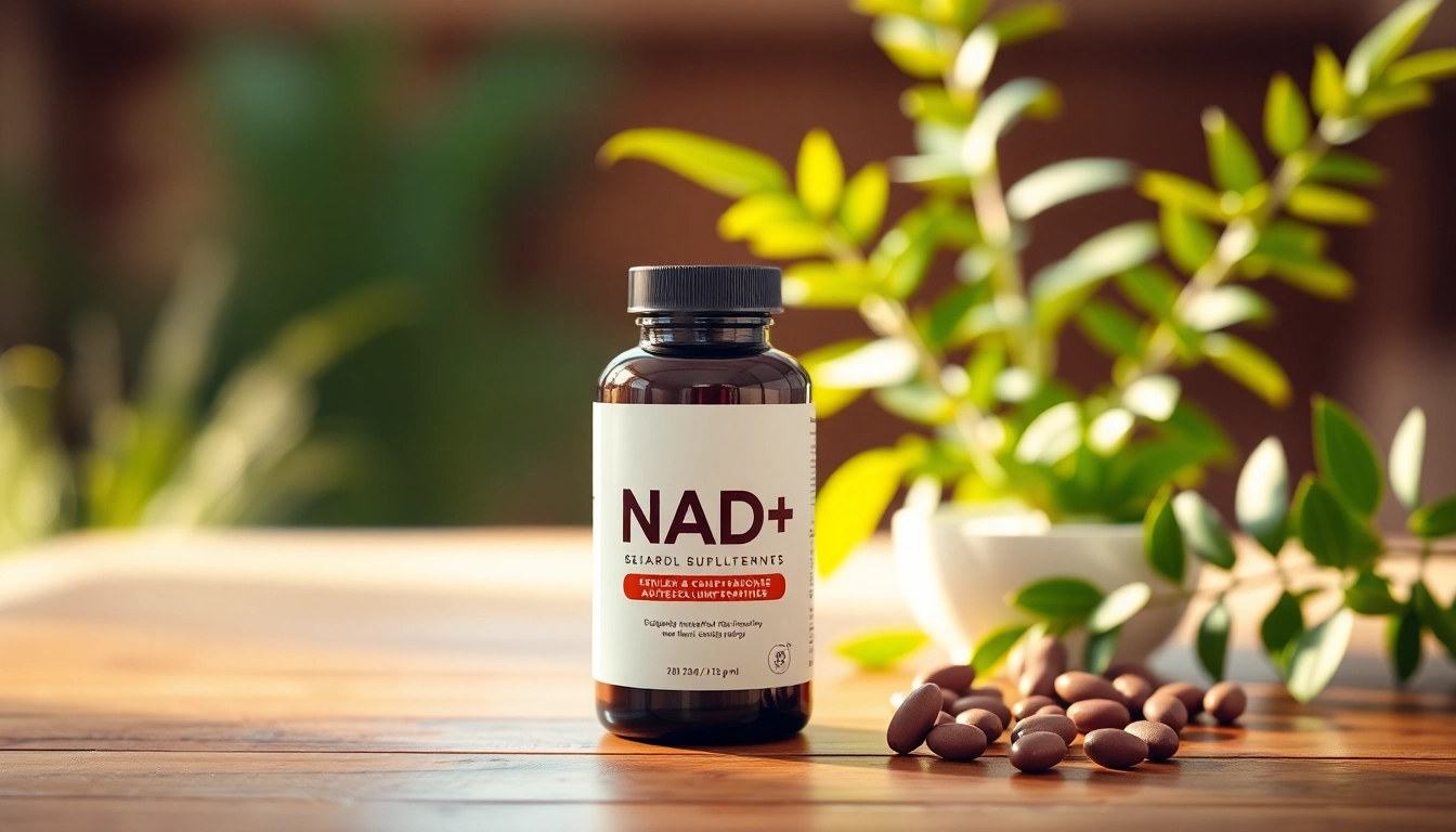 NAD+ supplements displayed elegantly in a wellness setting promoting health vitality.