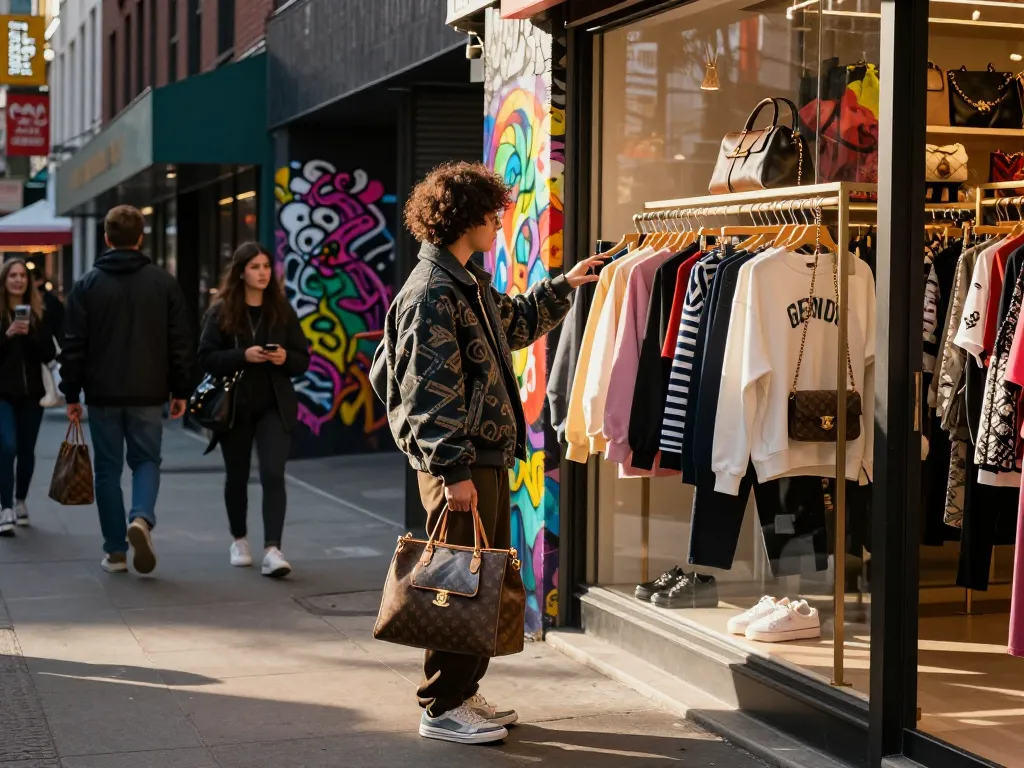 Shopping for luxury items at a stylish 레플리카 쇼핑몰 in a vibrant urban setting.