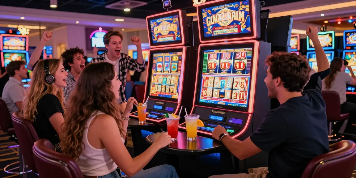 Friends celebrating a big win at a slot machine in a vibrant casino.