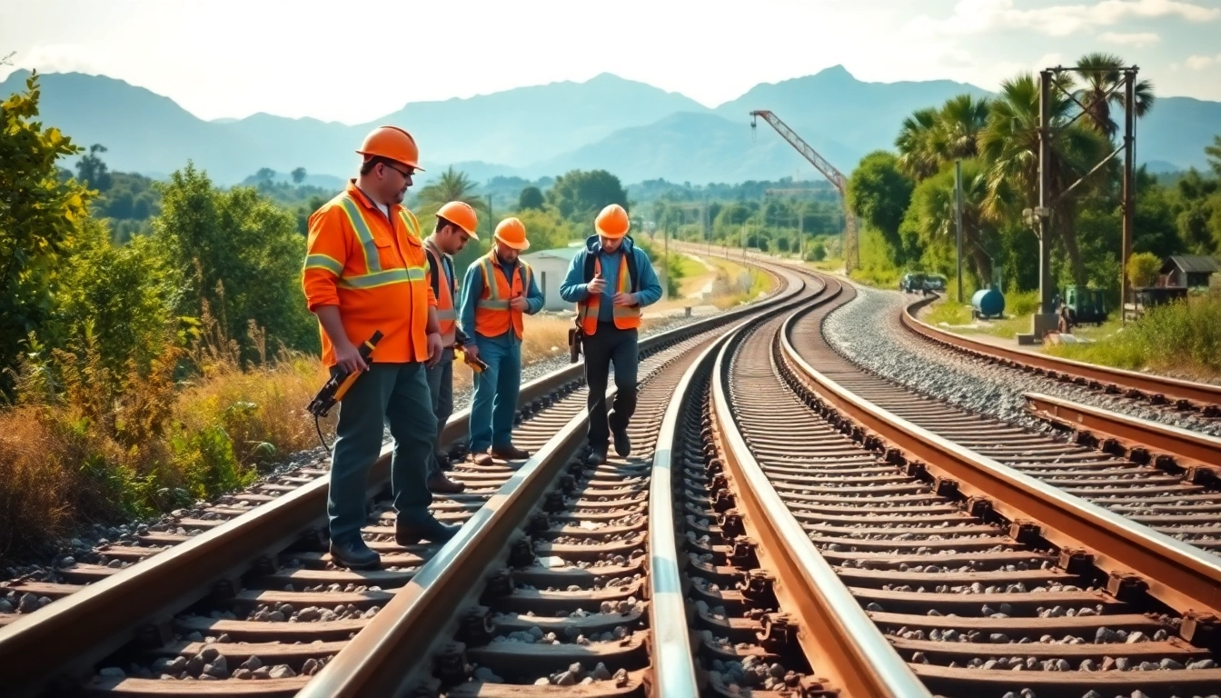Railroad Maintenance crew conducting inspections on railway tracks with tools and equipment.