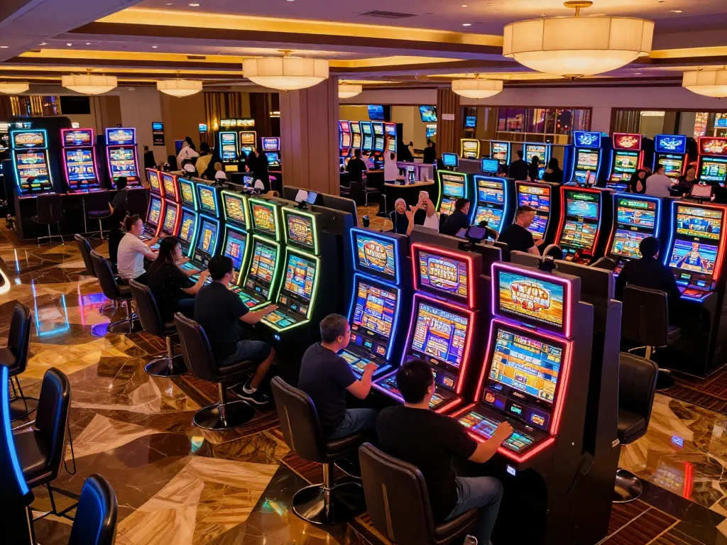 Spin the reels on a vibrant slot server Thailand with players celebrating wins in an exciting casino atmosphere