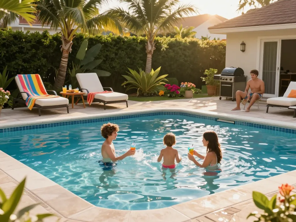 Dolphin Pool Services family enjoying time by sparkling pool in a sunny backyard with vibrant landscaping.